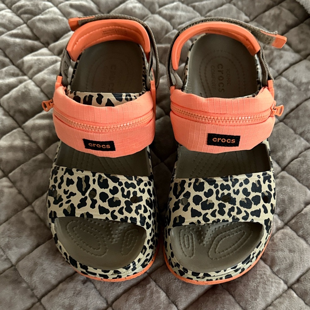 CROCS Sandals with Leopard Print and Orange Straps
